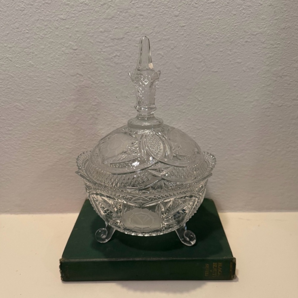 Vintage Rose Detail Cut Crystal Footed Bon Bon Lidded Dish